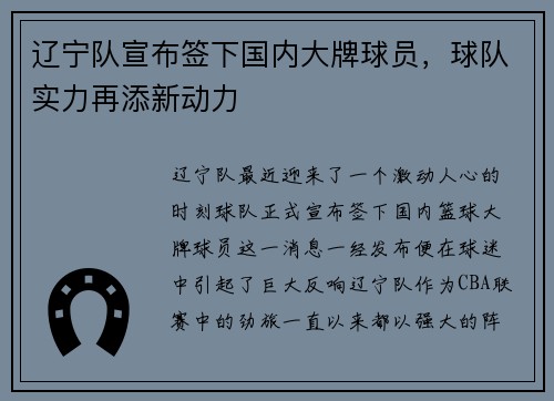 辽宁队宣布签下国内大牌球员，球队实力再添新动力